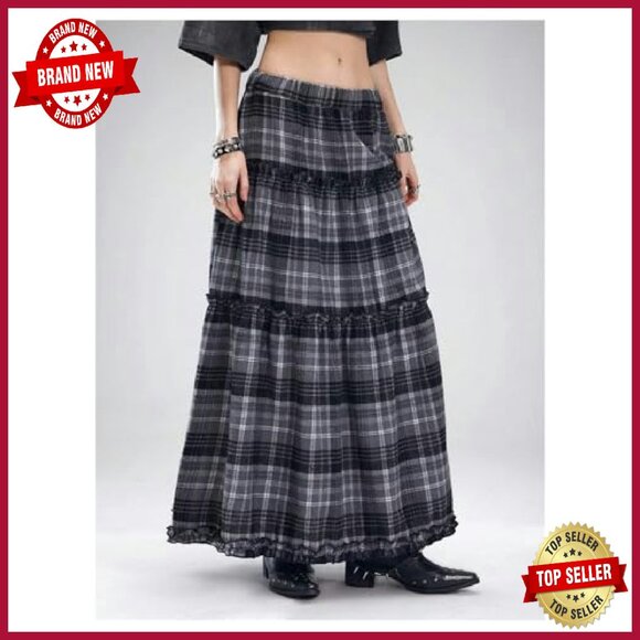 Vintage Grunge Gingham Plaid Tiered Maxi Skirt Ruffle A-Line - Picture 4 of 5